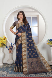 Navy Blue Zari Woven Design Chanderi Cotton Saree